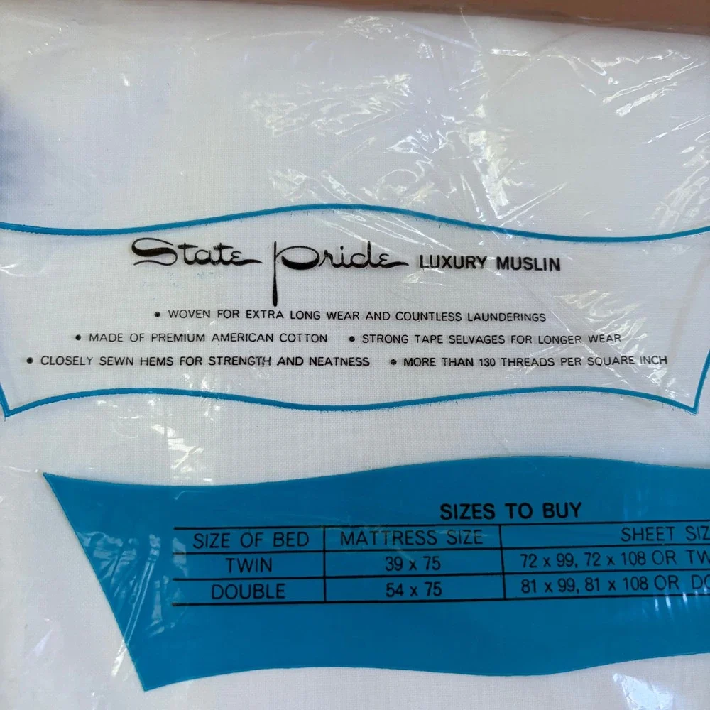 Vintage State Pride Twin Flat Sheets Set 2 100% Cotton White Luxury‎ Muslin NOS